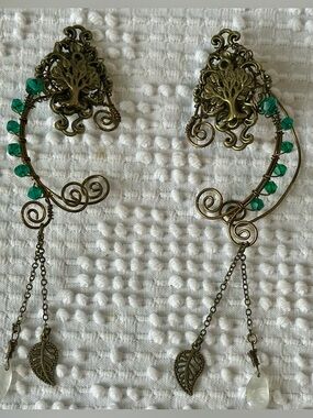 Boho Tree of Life Ear Cuff Earrings Green Crystal Wire Wrap Dangle Pair REN Fair